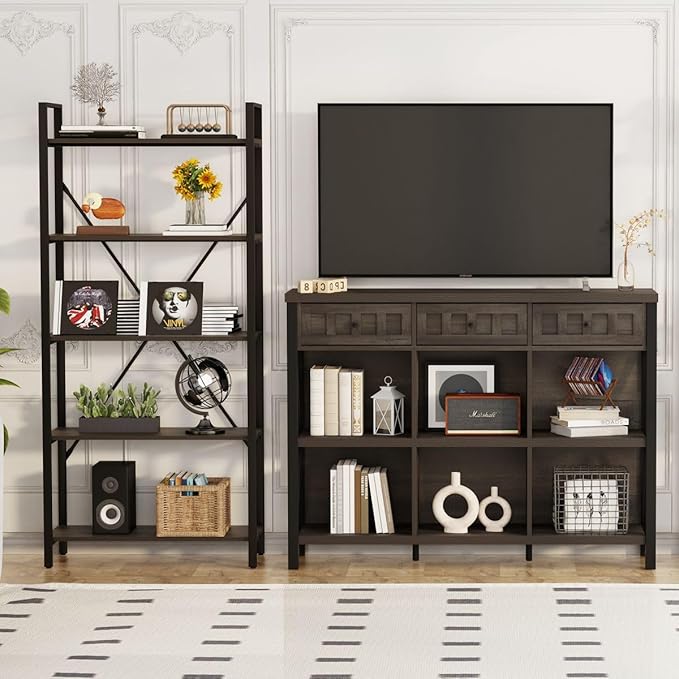 FATORRI Rustic 6 Cube Storage Organizer Shelf with 3 Drawers, Long Horizontal Bookshelf, Industrial Wood and Metal Cubby Bookcase (Walnut Brown, 47 Inch)
