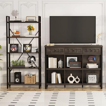 FATORRI Rustic 6 Cube Storage Organizer Shelf with 3 Drawers, Long Horizontal Bookshelf, Industrial Wood and Metal Cubby Bookcase (Walnut Brown, 47 Inch)