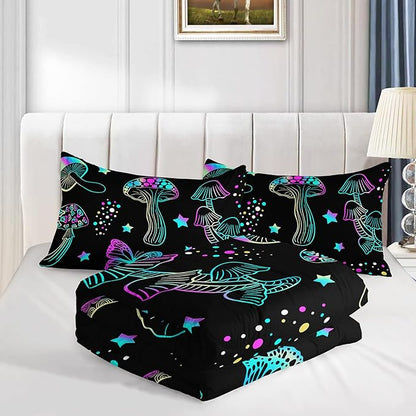 Colorful Mushroom Comforter Set Full Size Kids Mushroom Butterfly Bedding Set Star Quilt Bed Set for Boys Girls Adults with 1 Comforter and 2 Pillowcases