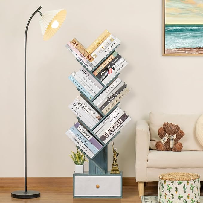 8 Tier Tree Bookshelf with Drawer, Free Standing Wood Bookcase for Narrow Space, Storage Organizer Bookshelves for Books, Book Case for Home Office, Living Room, Bedroom, Navy Blue