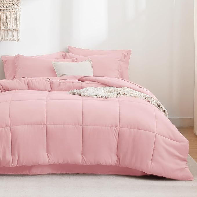 Bedsure Pink King Size Comforter Set - 7 Pieces Solid King Bed in a Bag, King Bed Set Pink with Comforters, Sheets, Pillowcases & Shams