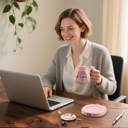 Coffee Mug Warmer Set Smart Electric Heated Cup Beverage Tea Candle Plate | You are Awesome Pink Mug Electric Warmer Set for Office Desk, 4 Temperature Control 8 Hrs Auto Shut Off, Ideal Gift for Women