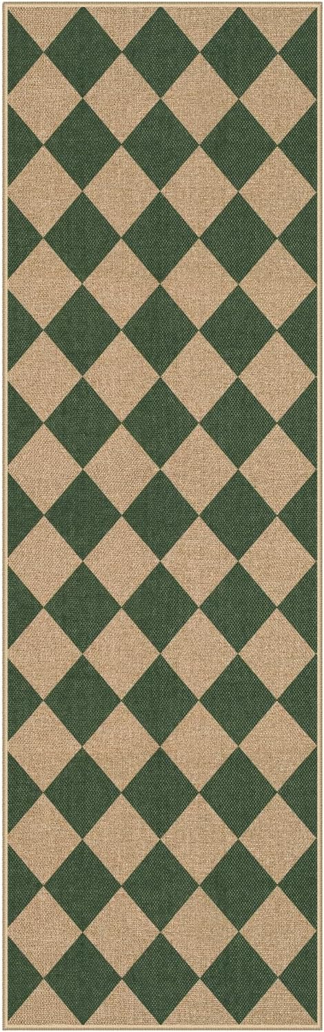 Lahome Checkered Kitchen Runner, 2x8 Easy Jute Runner Rug for Hallway Entryway, Farmhouse Indoor Outdoor Non Slip Non Shedding Green Carpet for Laundry Bedroom Porch Corridor