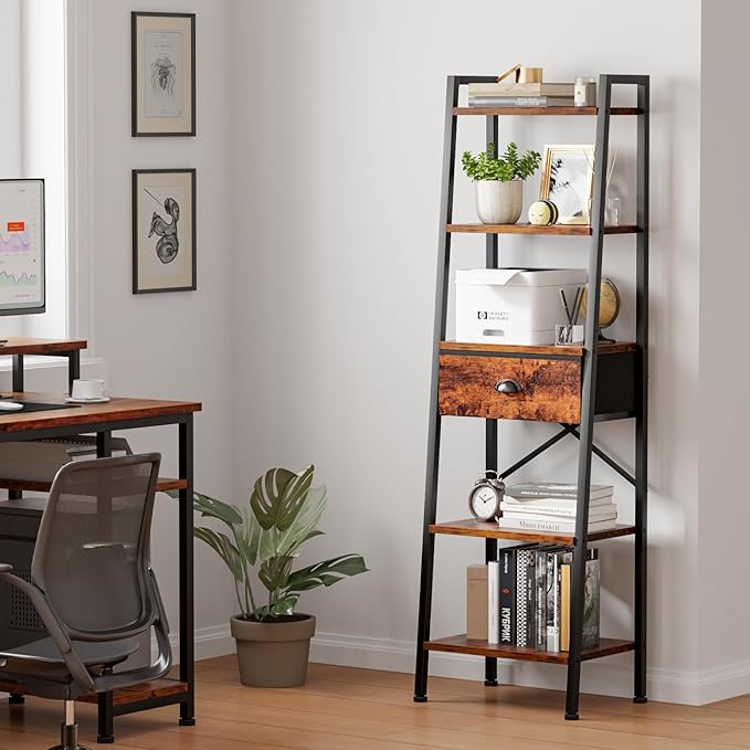 Furologee 5 Tier Ladder Shelf with Drawer, Tall Bookshelf Storage Shelves, Bookcase Standing Shelf Units, Industrial Open Display Shelves Organizer for Bedroom, Living Room, Kitchen, Rustic Brown…
