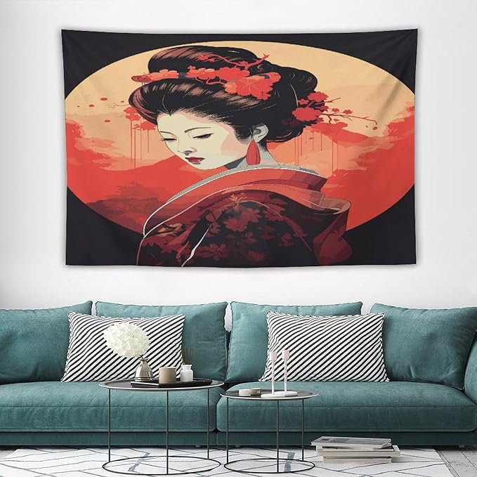 Japanese Woman Geisha Tapestry Asian Cherry Blossom Red Sun Traditional Kimono Folk Tapestries Home Decor for Living Room Bedroom Apartment Farmhouse Dorm 60"x40"