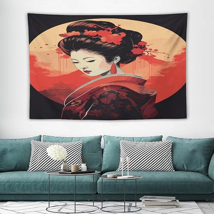 Japanese Woman Geisha Tapestry Asian Cherry Blossom Red Sun Traditional Kimono Folk Tapestries Home Decor for Living Room Bedroom Apartment Farmhouse Dorm 60"x40"
