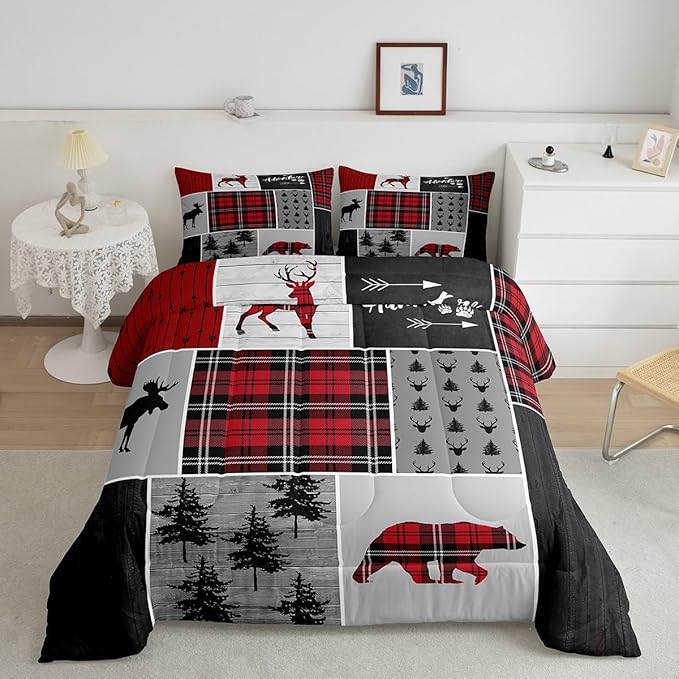 Deer Antlers Bear Kids Comforter Set Full Size,Plaids Boho Arrows Patchwork Bedding Set for Boys Girls Adults Room Decor,Rustic Adventure Xmas Down Comforter,Red Retro Duvet Insert,2 Pillowcases