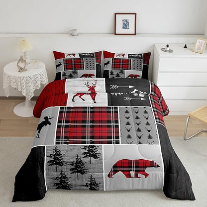 Deer Antlers Bear Kids Comforter Set Queen Size,Plaids Boho Arrows Patchwork Bedding Set for Boys Girls Adults Room Decor,Rustic Adventure Xmas Down Comforter,Red Retro Duvet Insert,2 Pillowcases