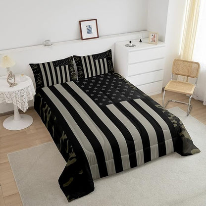 American Flag Comforter Set Full Military Camo Down Comforter,Retro Army Green Camouflage USA Flag Bedding Set For Kids Boys Teens Men Bedroom,Black Grey Stars Stripes Quilt Duvet Set 2 Pillow Cases