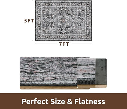 AMOAMI-Area Rug 5X7 Rugs for Living Room-Vintage Soft Black Rugs for Bedroom-Non Slip Carpet-Machine Washable Rug for Dining Room Living Room Bedroom Office Under Table Dark Grey & Black