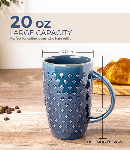 AmorArc Large Coffee Mugs Set of 6, 20oz Tall Coffee Mugs Set | with Texture Patterns for Cappuccino, Latte,Hot Cocoa, Dishwasher & Microwave Safe-Moonlight Blue