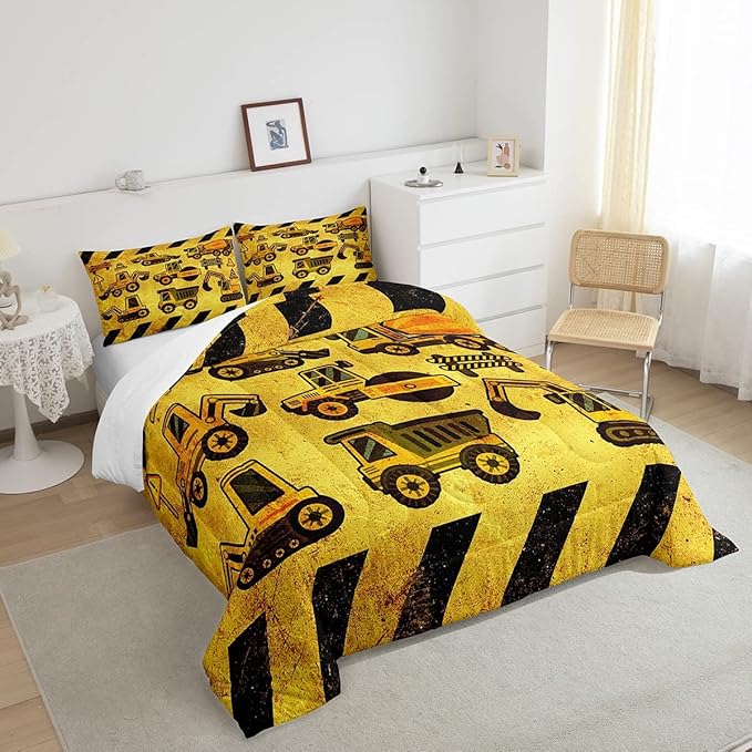 Kids Construction Comforter Set Twin, Boys Cartoon Car Down Comforter, Cartoon Machinery Truck Bedding Set, Yellow Tractor Excavator Super Soft Comforter For Children Teens, Kids Car Theme Room