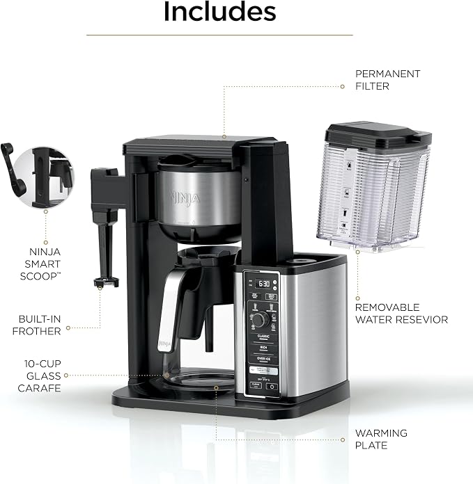 Ninja Coffee Maker, 10-Cup Carafe, Fold-Away Frother, Black, CM401 | Permanent Filter & Removable, Dishwasher Safe Reservoir, 6 Brew Styles, 8 Cup to Travel Mug to Pot Sizes