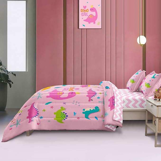Girls Dinosaur Bedding Full Green Pink Dinosaur Comforter Set, Cute Cartoon Down Comforter for Little Girls Teens Kids Adults Room Decor, Reversible Bed-in-a-Bag 5-Piece Bed Sets