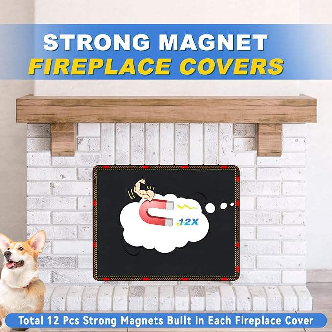 Magnetic Fireplace Cover, Fireplace Draft Stopper with 12 Pieces Strong Magnets, Fireplace Blanket for Heat Loss, Air Blocker for Winter and Summer, 43"x36", Black