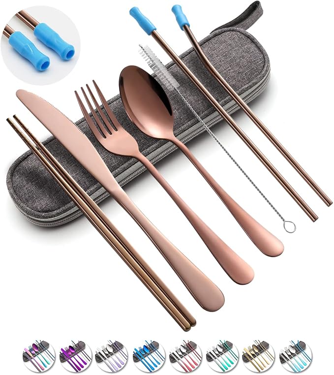 Travel Utensils Set with Case Reusable Portable Cutlery Set Stainless Steel 8pcs Including Dinner Knife Fork Spoon Chopsticks straws(Rose Gold)
