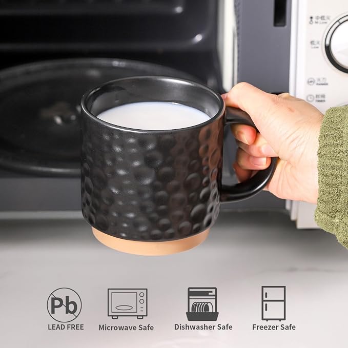 Nihow 16 Oz Ceramic Coffee Mug Set of 4 with Stackable Stand,Matte Black | Stackable, Stainless Stand Included, Cappuccino & Tea, Hot/Cold Drinks, Dishwasher & Microwave Safe
