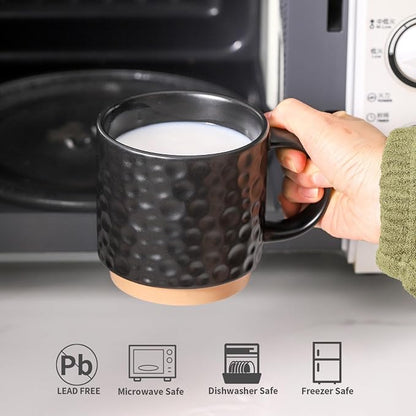 Nihow 16 Oz Ceramic Coffee Mug Set of 4 with Stackable Stand,Matte Black | Stackable, Stainless Stand Included, Cappuccino & Tea, Hot/Cold Drinks, Dishwasher & Microwave Safe