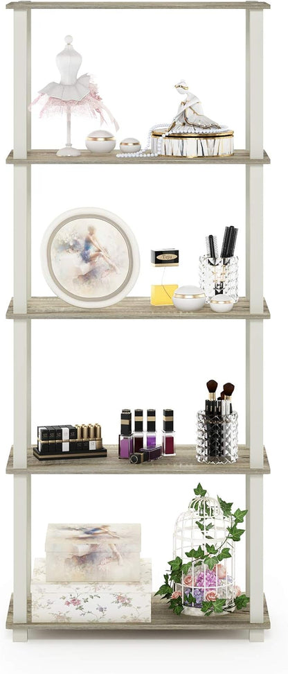 Furinno Turn-N-Tube 5-Tier Multipurpose Shelf / Display Rack / Storage Shelf / Bookshelf, Square Tubes, Sonoma Oak/White