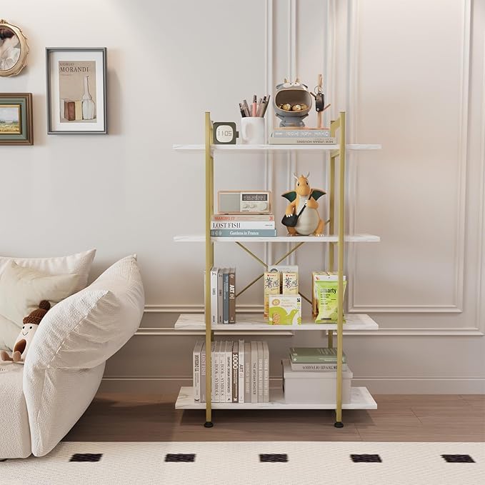 Bookshelf 4 Tiers White and Gold Wooden Storage Shelf,Modern Open Display Storage Bookcase Book Organizer,Metal Bookshelf Standing Storage Shelf Tall Shelving Units for Home Office Study
