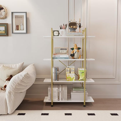 Bookshelf 4 Tiers White and Gold Wooden Storage Shelf,Modern Open Display Storage Bookcase Book Organizer,Metal Bookshelf Standing Storage Shelf Tall Shelving Units for Home Office Study
