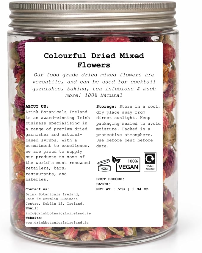 Colourful Dried Mixed Flowers | 100+ Flowers | 100% Natural | Food Grade | for Garnishing Cocktails, Tea Infusions, Cake Decorations | Flowers for Garnishing | Drink Botanicals Ireland | 55G, 1.94 OZ