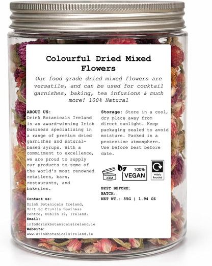 Colourful Dried Mixed Flowers | 100+ Flowers | 100% Natural | Food Grade | for Garnishing Cocktails, Tea Infusions, Cake Decorations | Flowers for Garnishing | Drink Botanicals Ireland | 55G, 1.94 OZ
