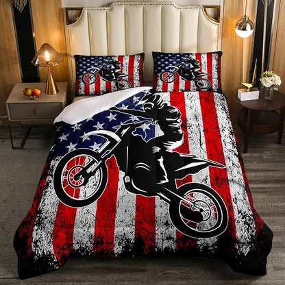 Dirt Bike Comforter Set Queen Motocross Comforter Retro American Flag Bedding Set for Kids Boys Teens Men Grunge Room Decor,Extreme Sports Tie Dye Bed Set Motor Biker Motorcycle Quilt Duvet Set 3 Pcs