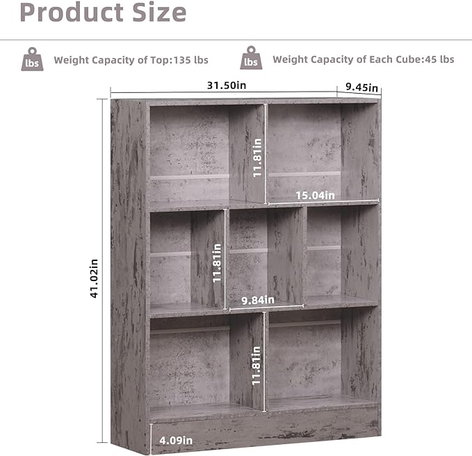 LEYAOYAO 7 Cube Bookshelf with Base,3 Tier Mid-Century Modern Grey Bookcase,Standing Wide Bookshelves Storage Organizer Shelf,Rustic Wood Display Cabinet Book Shelves for Bedroom,Living Room,Office
