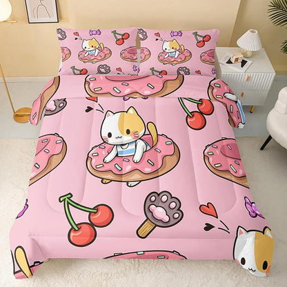 Kawaii Cat Comforter Full Size,Doughnut Cherry Cat Comforter Set for Kids Teens Girls,3Pcs Bedding Set Printed Comforter with 2 Pillowcases,Soft and Lightweight(Pink，Full Size)