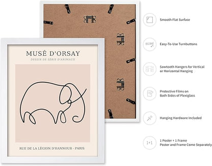 Poster Master Vintage Poster - Retro One Line Elephant Drawing Print - Elephant Art - Minimal Gift for Men, Women, Animal Lover - Abstract Wall Decor for Home, Office, 8x10 White Framed