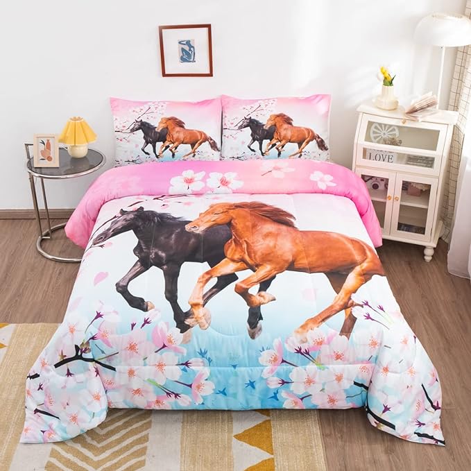 Feelyou Girls Horse Comforter Set Full Size Galloping Horses Bedding Set for Kids Teens Cherry Blossom Comforter 3D Wild Animal Duvet Set Farmhouse Bedroom Decor Quilt Set with 2 Pillow Cases 3Pcs