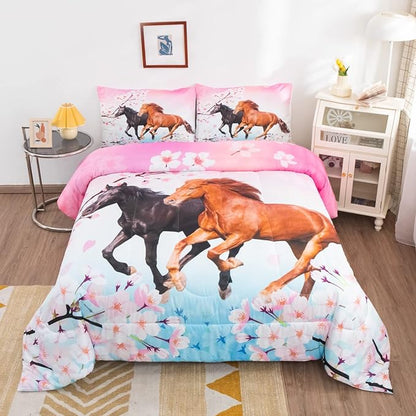 Feelyou Girls Horse Comforter Set Full Size Galloping Horses Bedding Set for Kids Teens Cherry Blossom Comforter 3D Wild Animal Duvet Set Farmhouse Bedroom Decor Quilt Set with 2 Pillow Cases 3Pcs