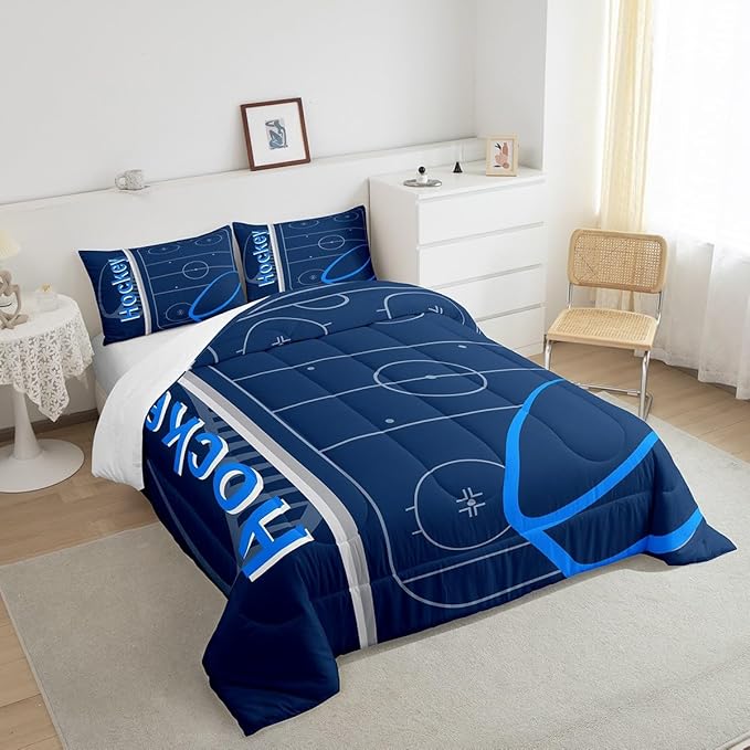 Feelyou Kids Ice Hockey Comforter Set Queen Size Ice Sports Games Bedding Set for Boys Girls Teens Bedroom Decor Hockey Player Comforter Puck Hockey Duvet Set with 2 Pillow Case