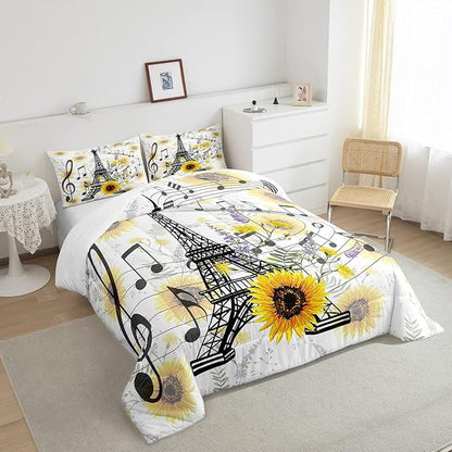 Eiffel Tower Kids Comforter Set Cute Sunflower Bed Sheet Set for Boys Children Teens Bedroom Decor Paris Tower Bedding Set Set Floral Music Themed Bed Cover Full Size with 3 Pillow Case