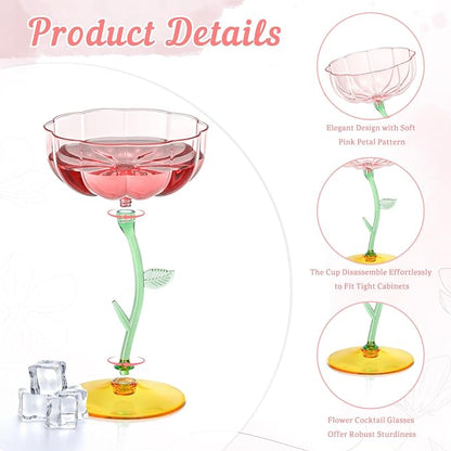 12 Pcs Pink Plastic Ribbed Coupe Glasses Detachable 7oz Flower Cocktail Glasses Modern Wavy Plastic Cocktail Coupes Disposable Martini Glasses Mimosa Glassware champagne goblets (12, PInk)
