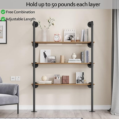 Pynsseu Industrial Iron Pipe Shelf Wall Mount, Farmhouse DIY Open Bookshelf, Pipe Shelves for Kitchen Bathroom, bookcases Living Room Storage, 2Pack of 4 Tier