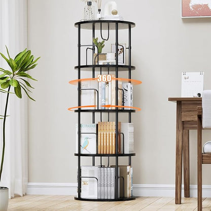 Rotating Bookshelf, 4 Tier Spinning Bookshelf Tower, 360° Display Unique Round Bookcase, Floor Standing Corner Revolving Bookshelf Storage Organizer for Small Spaces, Home Study Office, Black