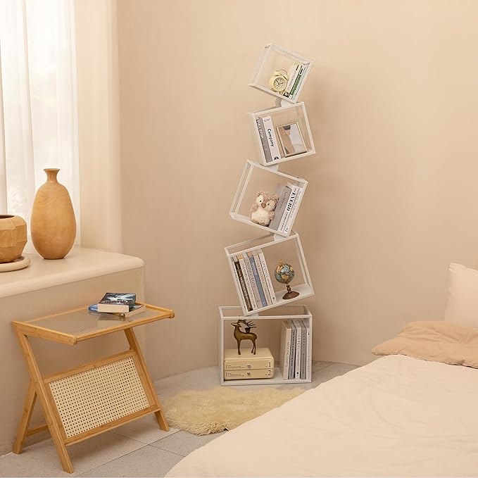 Bookshelf, 5-Tier Bookcase White, 67" Tall White Bookshelf, 5 Tier Bookshelf, Industrial Bookshelf, Modern Book Storage, Storage Shelves for CDs/Books/Home Decor, Display Shelf