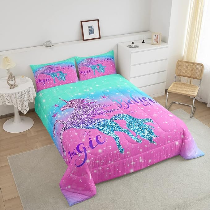 Girls Unicorn Comforter Set Twin,Glitter Gradient Bedding Set For Teens Child,Girly Sequins Magical Horse Duvet Insert For Bedroom Decor,Sparkle Galaxy Starry Sky Down Comforter,Pink Blue Quilt Set
