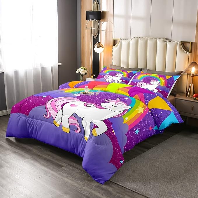 Girls Unicorn Comforter Set King Girls Bedding Set Cute Rainbow Unicorn Print Down Comforter Kids Cartoon Kawaii Duvet Set Galaxy Stars Fantasy Girls Room Decor Children Unicorn Reversible Purple
