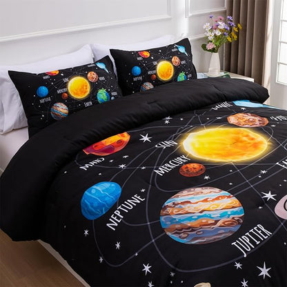 Aimuan Space Comforter Twin Set Kids Rocket Bedding Set Super Soft & Cute Aliens UFO Printed for Boys Girls Teen (Black 1, Twin)