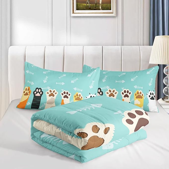 Datura home Cat Paws Comforter Bedding Set for Kids Teens,Cartoon Cat Paws and Fish Bones Pattern Lightweight Cyan Comforter with 2 Pillowcases,3pcs(Cat Paws Full)