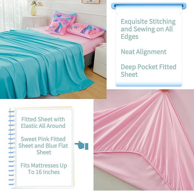 RYNGHIPY Mermaid Kids Girls Comforter Set Full Size Pink Blue Gradient Fish Tail Bed in a Bag - includes Comforter & Sheet Set for Teens Girls Super Soft Kids Bedding