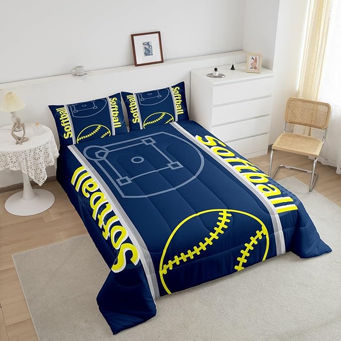 Feelyou Kids Softball Comforter Set Full Size Sports Game Bedding Set for Boys Girls Teens Bedroom Decor Baseball Comforter Softball Gaming Theme Duvet Set with 2 Pillow Case