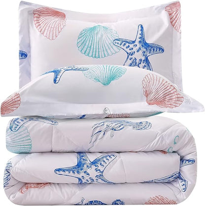 JSD Beach Theme 3 Piece Full Kids Comforter Set, Jellyfish Starfish Shell Printed Comforter with Pillow Sham, Soft Comfortable Machine Washable