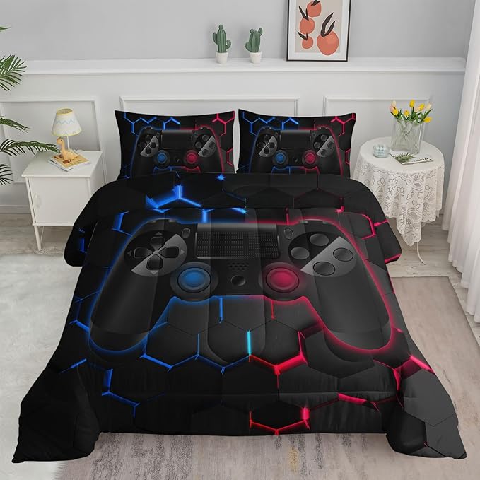 Axolotl Gamer Comforter Sets Queen,Geometric Honeycomb Gaming Bedding Sets,Video Games Comforter,Gaming Bedding Set,Game Console Comforter Set for Kids Boys Girls Teens,1 Quilt 2 Pillowcases,Blue Red