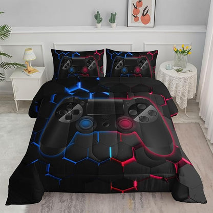 Axolotl Gamer Comforter Sets Twin,Geometric Honeycomb Gaming Bedding Sets,Video Games Comforter,Gaming Bedding Set,Game Console Comforter Set for Kids Boys Girls Teens,1 Quilt 2 Pillowcases,Blue Red