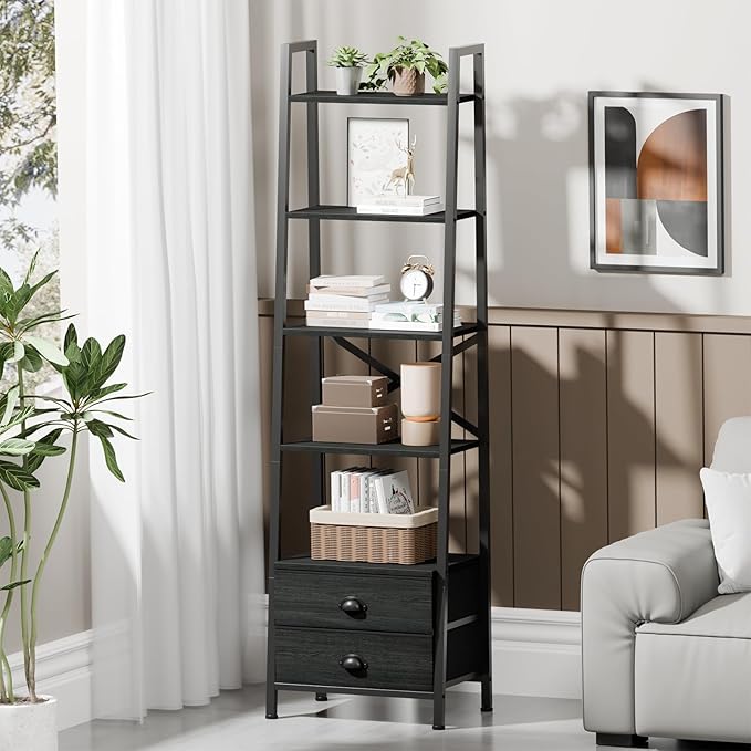 Furologee 5-Tier Ladder Shelf with 2 Drawers,Narrow Bookshelf Storage Shelves,Industrial Bookcase Freestanding Shelf Units for Bedroom,Living Room,Bathroom,Home Office,Balcony,Wood Metal, Black Oak