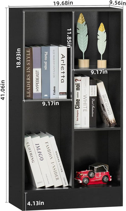 YAHARBO 5 Cube Black Bookshelf,Small Modern Horizontal Bookcase,Wood Floor Standing Low Bookshelves Display Storage Cabinet with Base, Short Book Shelf Open Organizer for Bedroom,Living Room,Office
